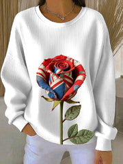 Women's British Rose Printed Ribbed Round-Neck Sweatshirt