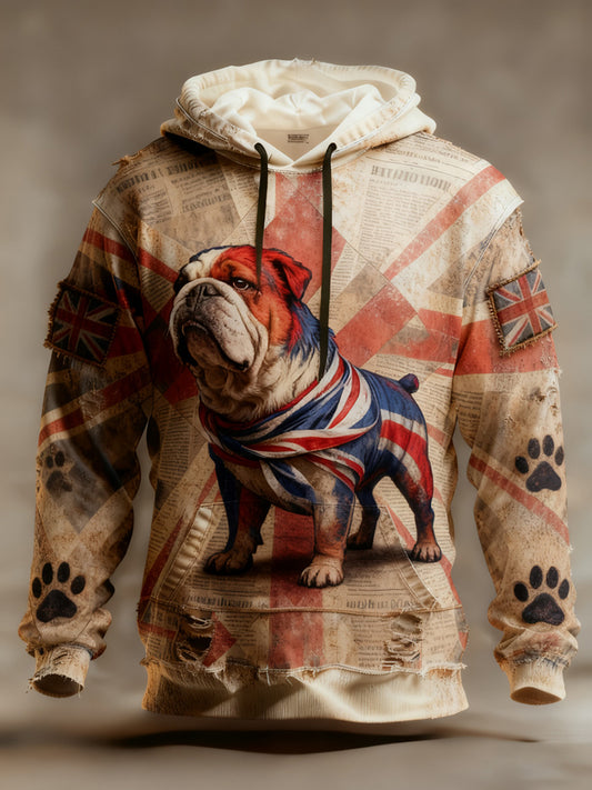 Men's Vintage England Flag Dog Printed Hoodie