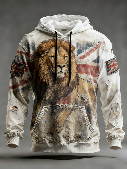 Men's Vintage England Flag Lion Printed Hoodie