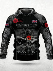 Men's 11th November Remembrance Day LEST WE'S FORGET Poppy Remembrance Hoodie