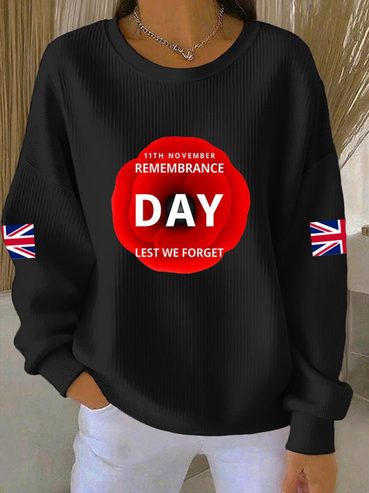 Women's 11th November Remembrance Day LEST WE'S FORGET Poppy Remembrance Ribbed Round-Neck Sweatshirt