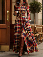 Women's Vintage Plaid Pattern Elegant Maxi Dress