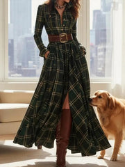 Women's Vintage Plaid Pattern Elegant Maxi Dress