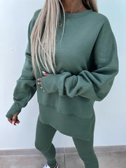 Women's Comfy Loose Slit Sweatshirt and Elastic Waist Tight Pants Set