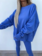 Women's Comfy Loose Slit Sweatshirt and Elastic Waist Tight Pants Set