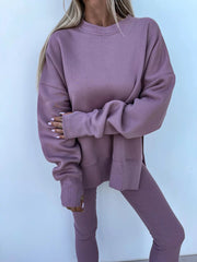 Women's Comfy Loose Slit Sweatshirt and Elastic Waist Tight Pants Set