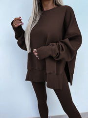 Women's Comfy Loose Slit Sweatshirt and Elastic Waist Tight Pants Set