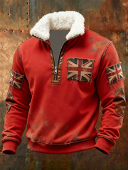 Men's British vintage flag print Plush Stand Collar Shirt