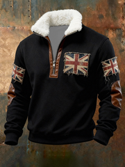 Men's British vintage flag print Plush Stand Collar Shirt