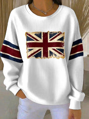 Women's British vintage flag print Ribbed Round-Neck Sweatshirt