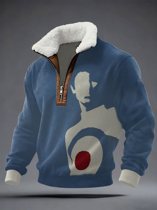 Men's UK Mod Music Lover Printed Plush Stand Collar Tops