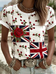 Women's British Style Plants Flowers Printed T-shirt