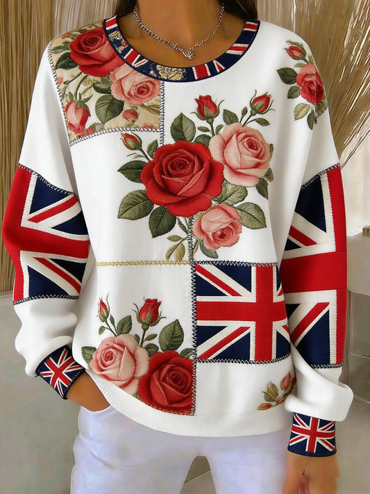 Women's British Style Plants Flowers Print Casual Sweatshirt