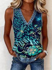 Women's Leopard and Floral Print Denim Patchwork Top