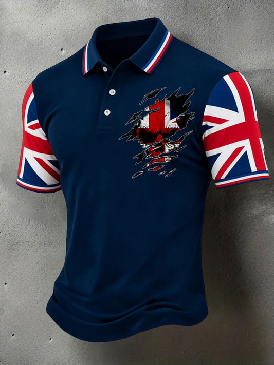 Men's Proud British UK Flag Skull Print Casual Polo