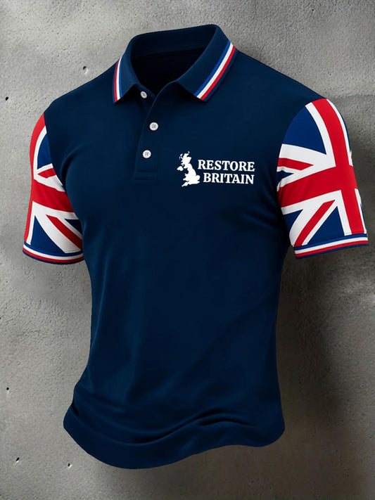 Men's Restore Britain UK Flag Print Casual Polo