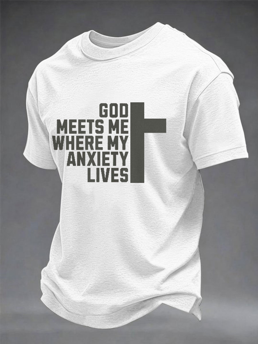 Men's God Meets Me Where Anxiety Live imitation cotton short-sleeved T-shirt