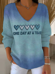 Women's Casual Mental Health Awareness One Day At A Time Printed V-Neck Ribbed Top