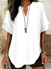 Women's Casual Solid-Color V-Neck Short-Sleeve Shirt