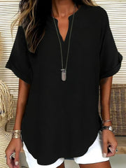 Women's Casual Solid-Color V-Neck Short-Sleeve Shirt