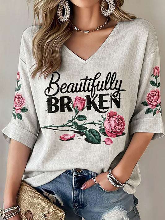 Women's Funny Mental Health Floral Art Printed Linen T-shirt