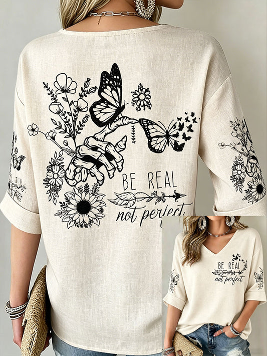 Women's Funny Mental Health Floral Art Printed Linen T-shirt