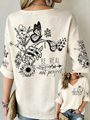 Women's Funny Mental Health Floral Art Printed Linen T-shirt