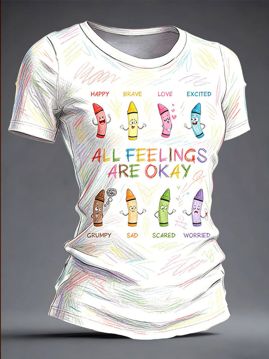 Women's Funny Mental Health Floral Art Printed Linen T-shirt