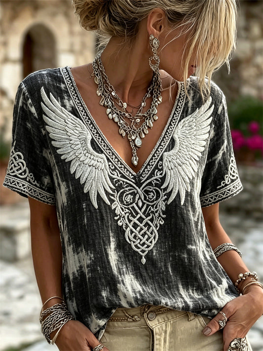 Women's Vintage Wings Viking Celtic Knot Print Dyed linen T-shirt