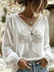 Women's Classy Viking Tree of Life Celtic Knot Print V Neck Cotton-Linen Shirt