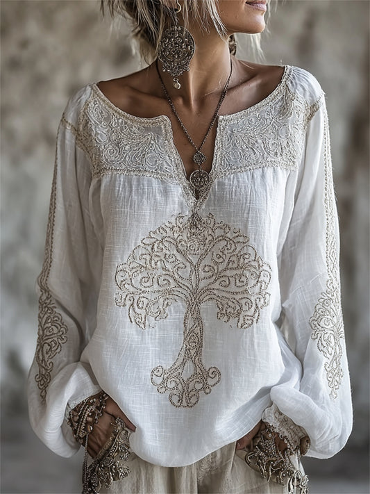 Women's Vintage Tree of Life Print Notch Neck Cotton-Linen Shirt