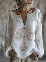 Women's Vintage Tree of Life Print Notch Neck Cotton-Linen Shirt