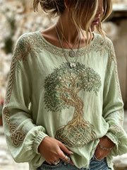 Women's Vintage Viking Tree of Life Celtic Knot Print Cotton-Linen Shirt