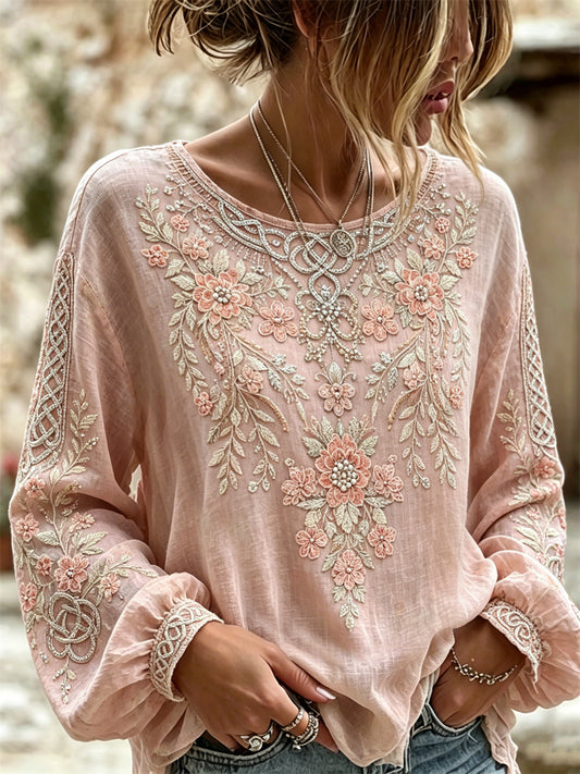 Women's Classy Pink Floral Viking Celtic Knot Print Cotton-Linen Shirt