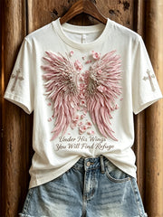 Women's Under His Wings You Will Find Refuge Floral Wings & Cross Print short-sleeved T-shirt
