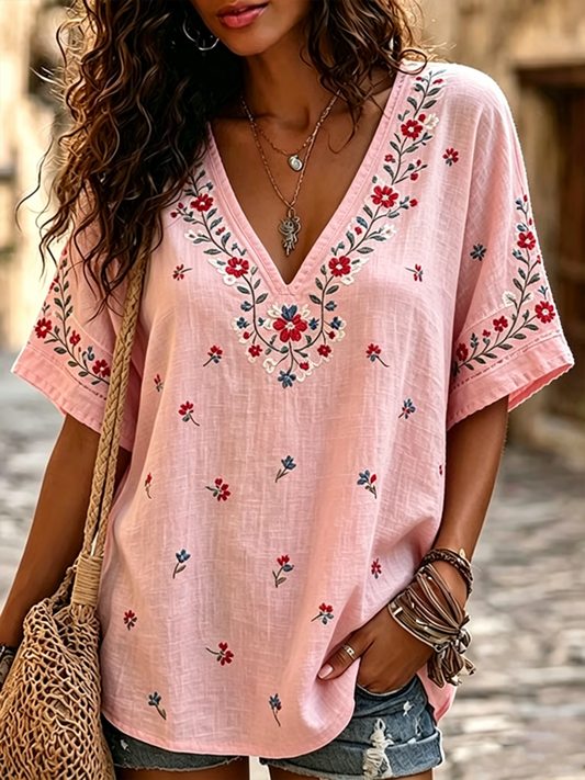 Women's floral print linen short-sleeved T-shirt