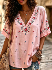 Women's floral print linen short-sleeved T-shirt
