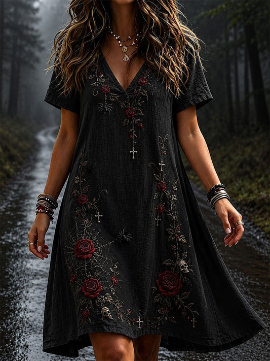 Women's Gothic  Rose Floral Cotton Linen Dress