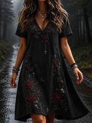 Women's Gothic  Rose Floral Cotton Linen Dress