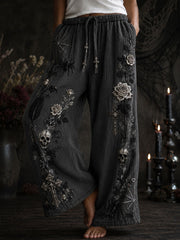 Women's Gothic Skull and Rose Floral Cotton-Linen Pants