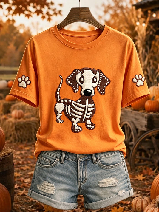 Women's Dachshund Skeleton Print Halloween Short-sleeved T-shirt
