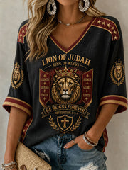 Women's Christian Lion of Judah Art  Mid-length Sleeves V-Neck T-Shirt