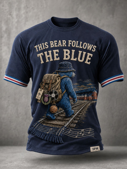 Men's Glasgow Football Lover Blue Bear Art Printed T-shirt