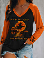 Women's Halloween Witch Pumpkin Bat Printed V-Neck  Long Sleeve Shirt