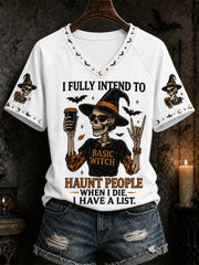 Women's Funny Halloween Skull Witch Print Casual V-Neck Tee