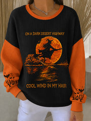 Women's Halloween Witch Pumpkin Bat  Ribbed Round-Neck Sweatshirt