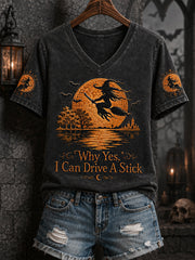 Women's Funny Halloween Witch Why Yes,Actually I Can Drive A Stick Print Casual V-Neck Tee