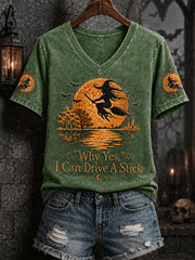 Women's Funny Halloween Witch Why Yes,Actually I Can Drive A Stick Print Casual V-Neck Tee