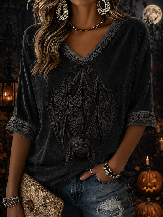 Women's Halloween Dark Bat Pattern Printed Casual Mid-length Sleeves V-Neck T-Shirt