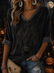 Women's Halloween Dark Bat Pattern Printed Casual Mid-length Sleeves V-Neck T-Shirt